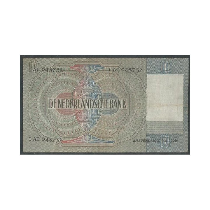 Holanda 10 Gulden 27 Jul 1940 P56a reverso
