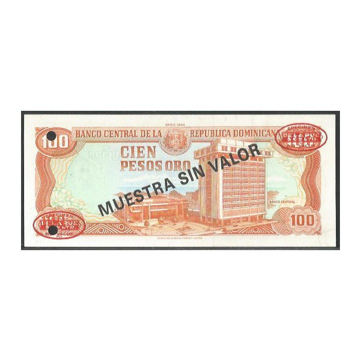 Rep. Dominicana 100 Pesos 1994 "Muestra sin valor" P136s2 reverso