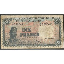 Congo Belga Ruanda Urundi 10 Francs 1 Abr 1958 P30b