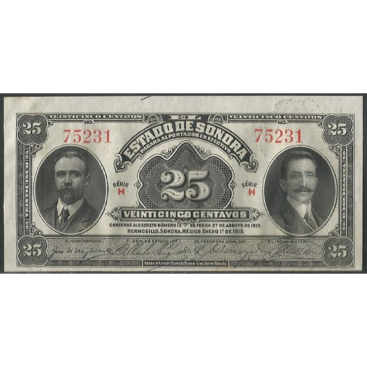 Mexico - El Estado de Sonora 25 Centavos 1 Ene 1915 Serie H Ps1069