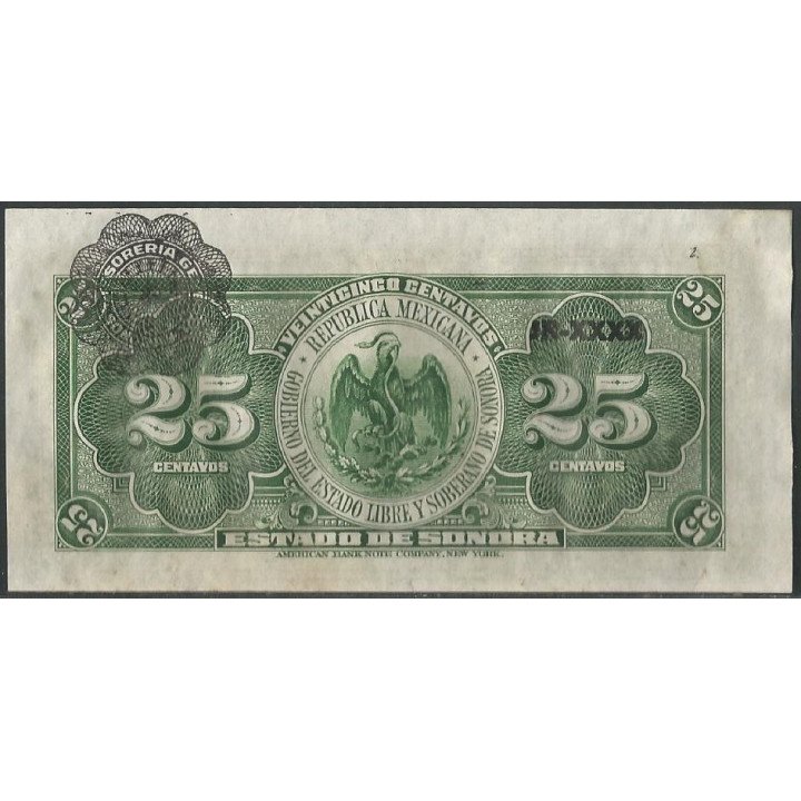 Mexico - El Estado de Sonora 25 Centavos 1 Ene 1915 Serie H Ps1069 reverso