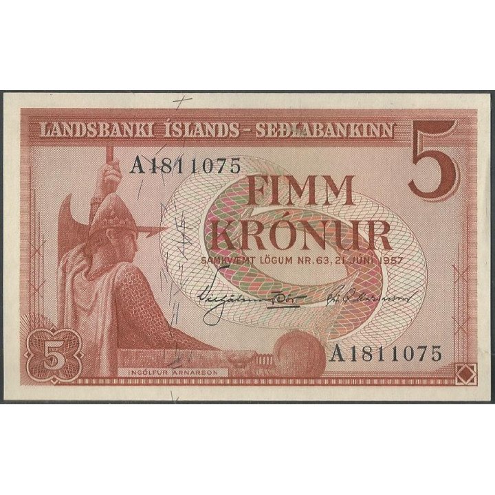 Islandia 5 Kronur 21 Jun 1957 P37a