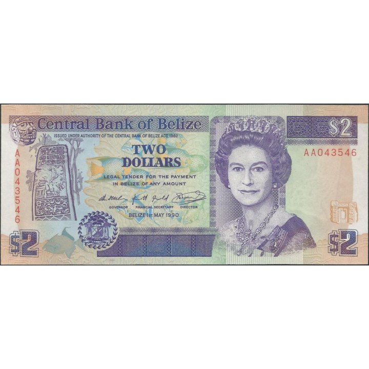 Belize 2 Dollars 1 May 1990 P52a
