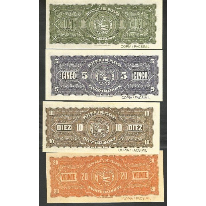 Panama Set Replicas 1- 5 - 10 y 20 Balboas 1941 reverso