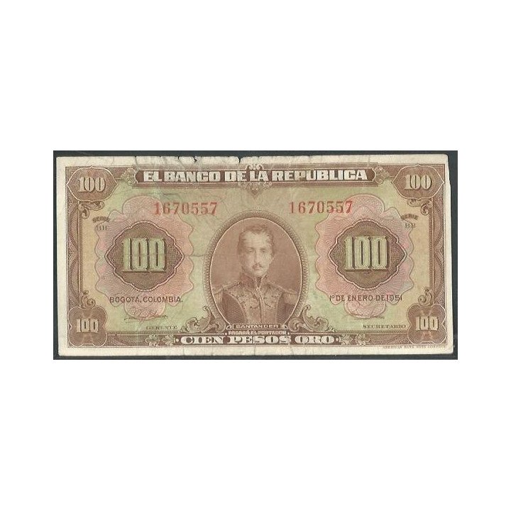 Billete de 100 Pesos 1 Ene 1951 7 Dig BGW290