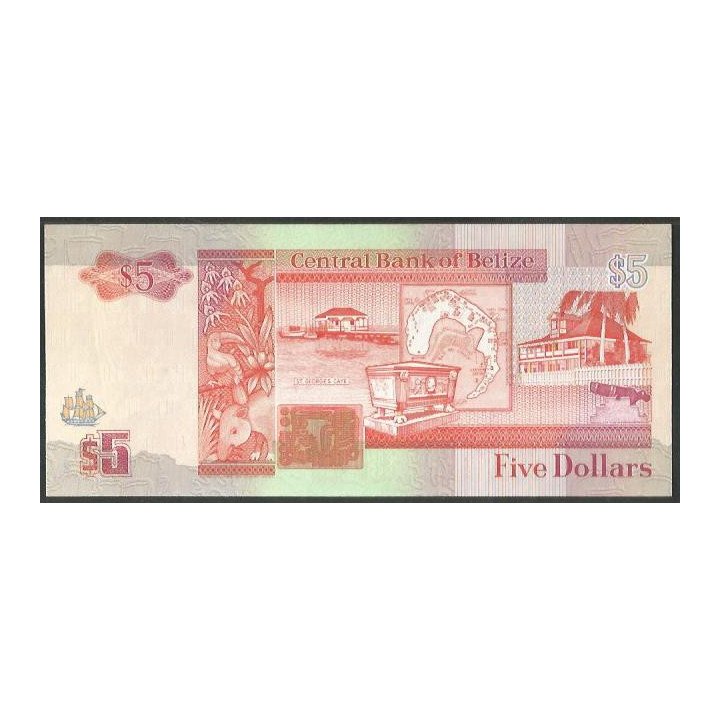 Belize 5 Dollars 1 May 1990 P53a reverso