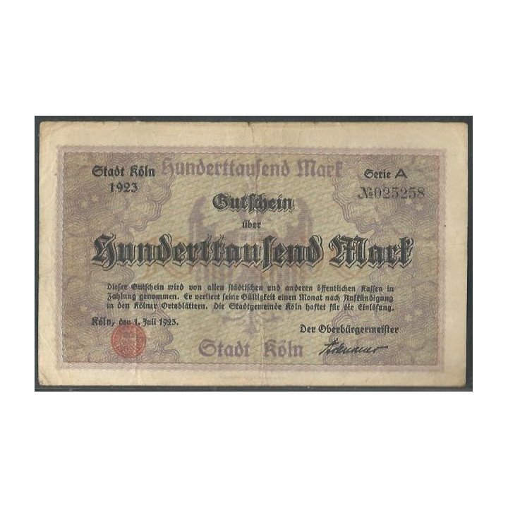 Alemania - Koln 100.000 Mark 1 Jul 1923