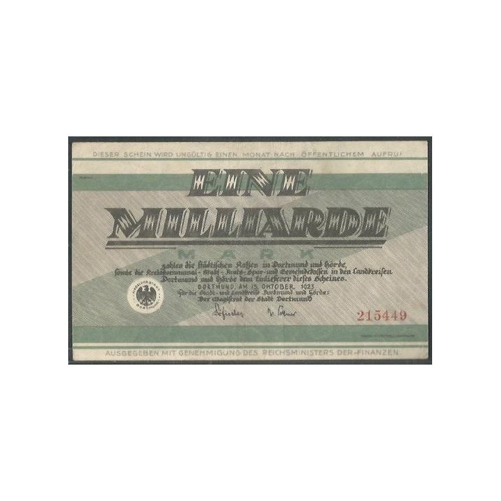 Alemania - Dortmund 1 Millardo Mark 15 Oct 1923