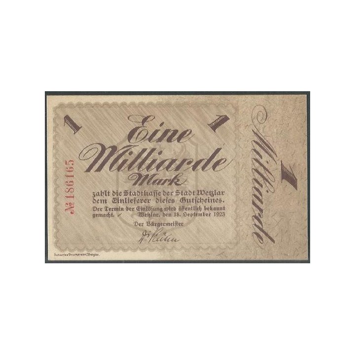 Alemania - Wetzlar 1 Millardo Mark 18 Sep 1923