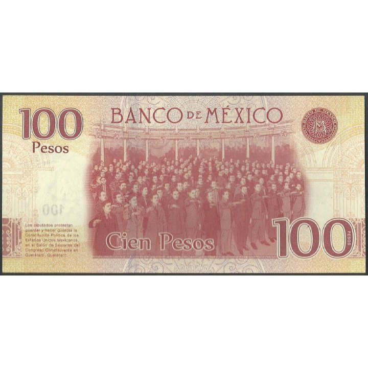 Mexico 100 Pesos 25 Ene 2016 Serie AY P130a reverso