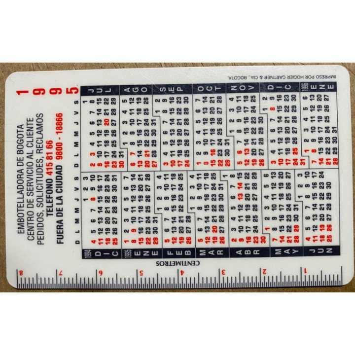Tarjeta Almanaque 1995 Embotelladora de Bogota reverso