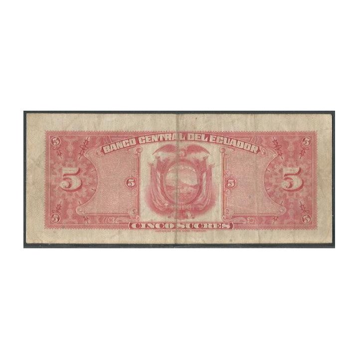 Ecuador 5 Sucres 27 Feb 1970 HJ Firma 3 Grande P113b reverso
