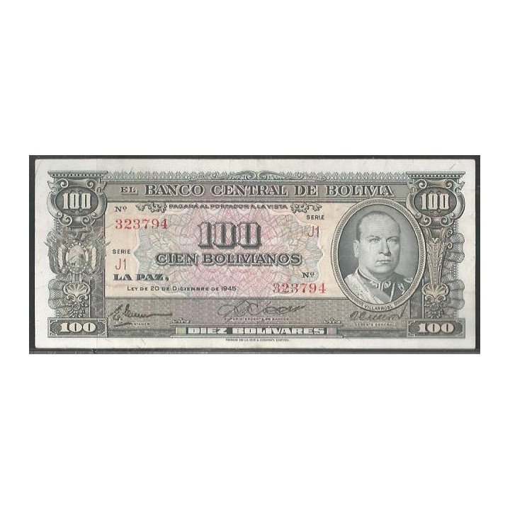 Bolivia 100 Bolivianos L 20 Dic 1945 Serie J1 P147
