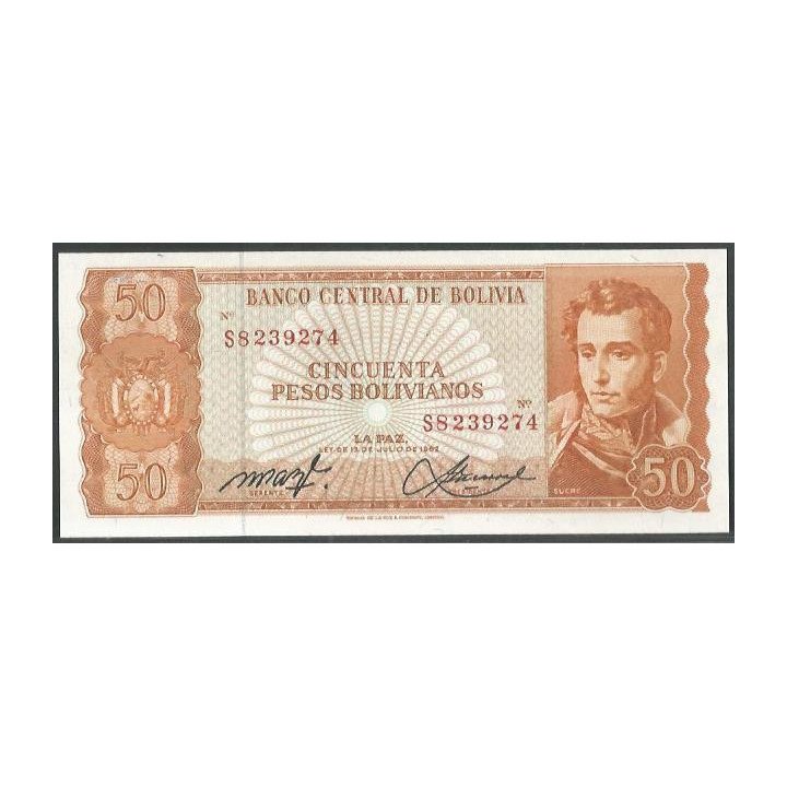 Bolivia 50 Pesos Bolivianos L 13 Jul 1962 Serie S P162a