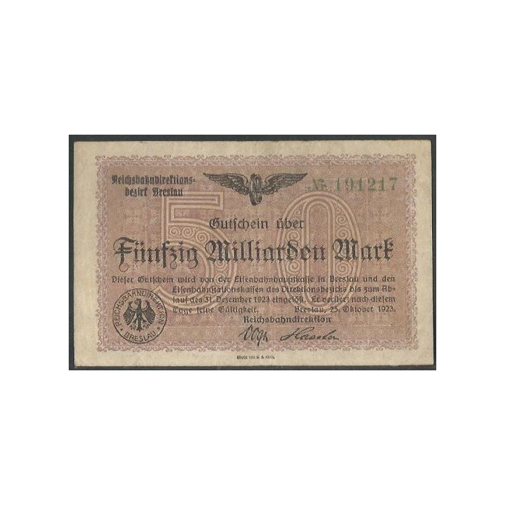 Alemania - Railroads Breslau 50 Millardos Mark 25 Oct 1923 Ps1139a