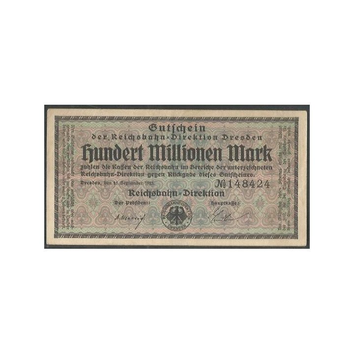Alemania - Railroads Dresden 100.000.000 Mark 25 Sep 1923 Ps1177