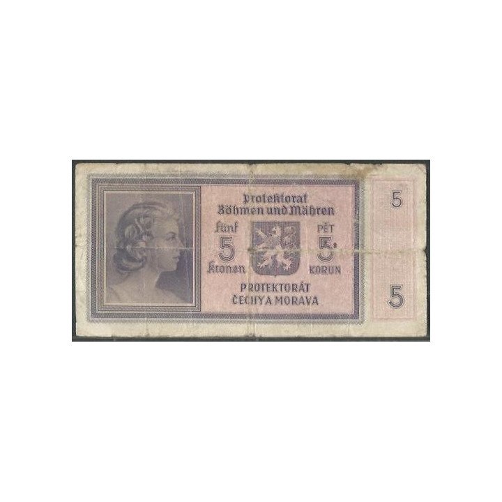 Bohemia & Moravia 5 Korun ND1940 P4a reverso
