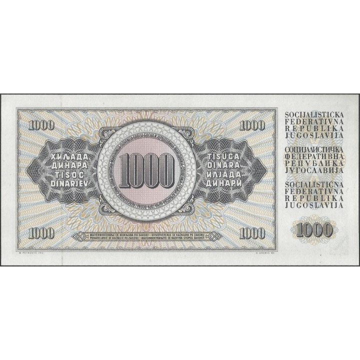Yugoeslavia 1.000 Dinara 4 Nov 1981 P92d reverso