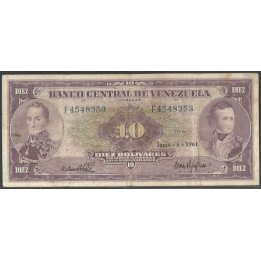 Venezuela 10 Bolivares 6 Jun 1961 F 7 Dig P42a