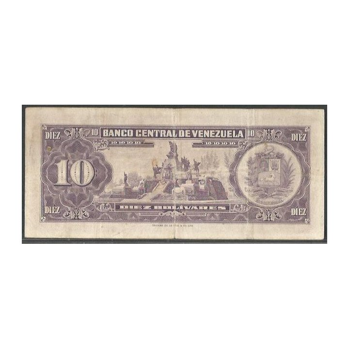 Venezuela 10 Bolivares 6 Jun 1961 F 7 Dig P42a reverso