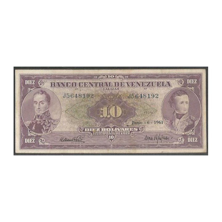 Venezuela 10 Bolivares 6 Jun 1961 J 7 Dig P42a