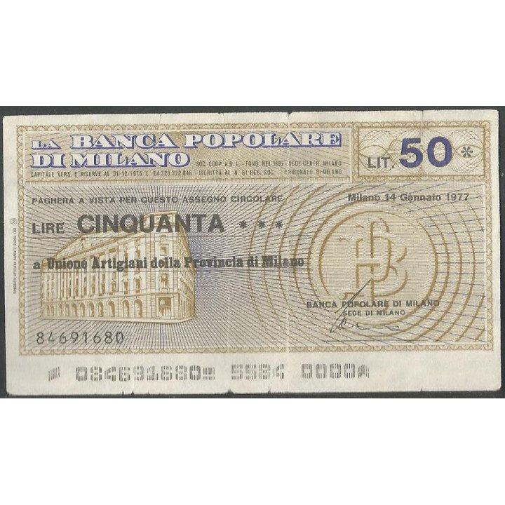 Italia - La Banca Popolare di Milano 50 Lire 14 Ene 1977