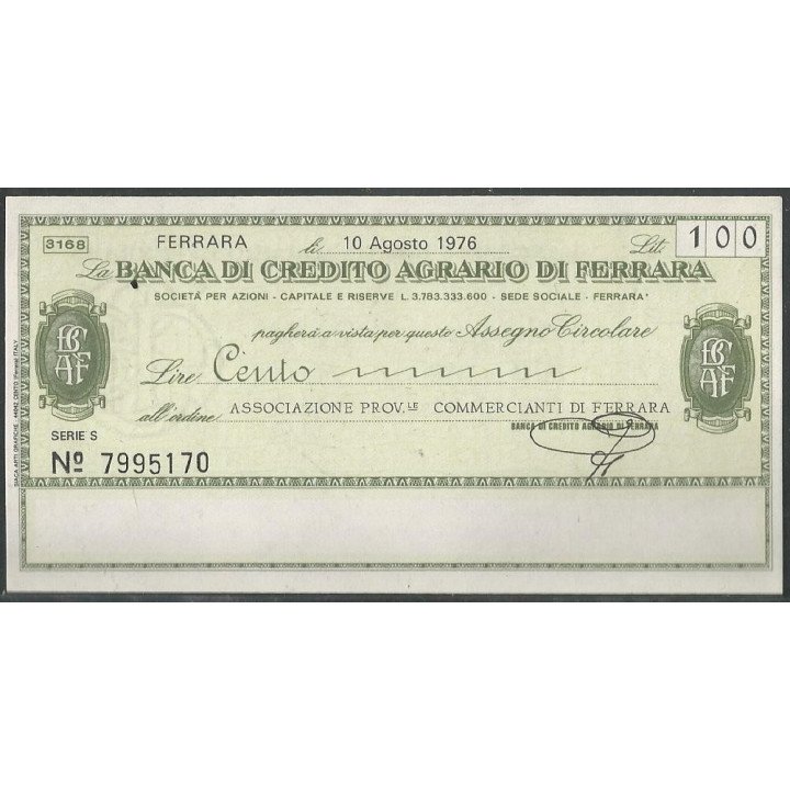Italia - La Banca di Credito Agrario di Ferrara 100 Lire 10 Ago 1976