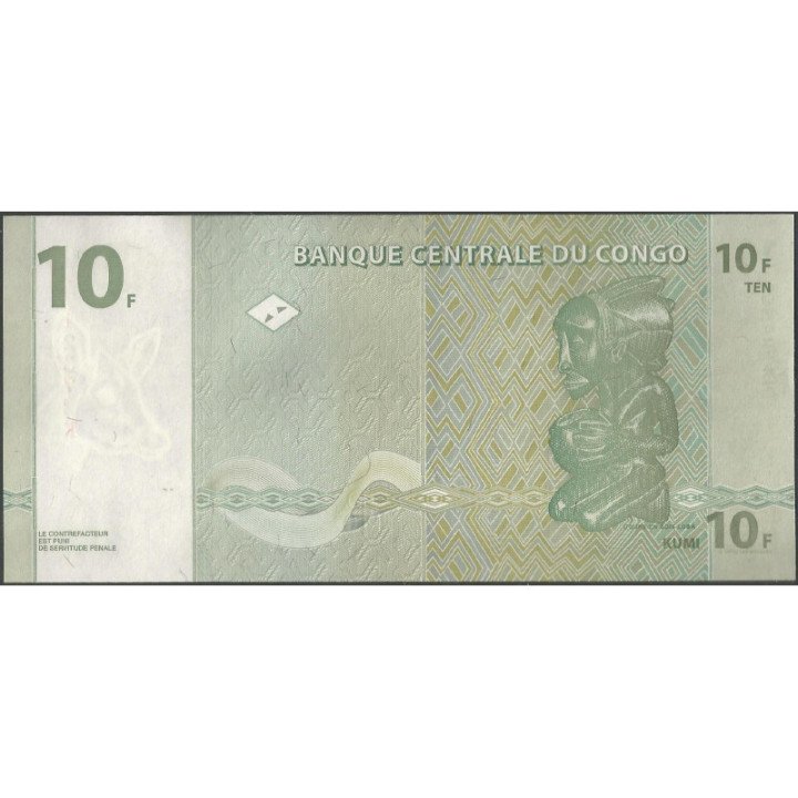 Rep. Democratica del Congo 10 Francs 1 Nov 1997 P87B reverso