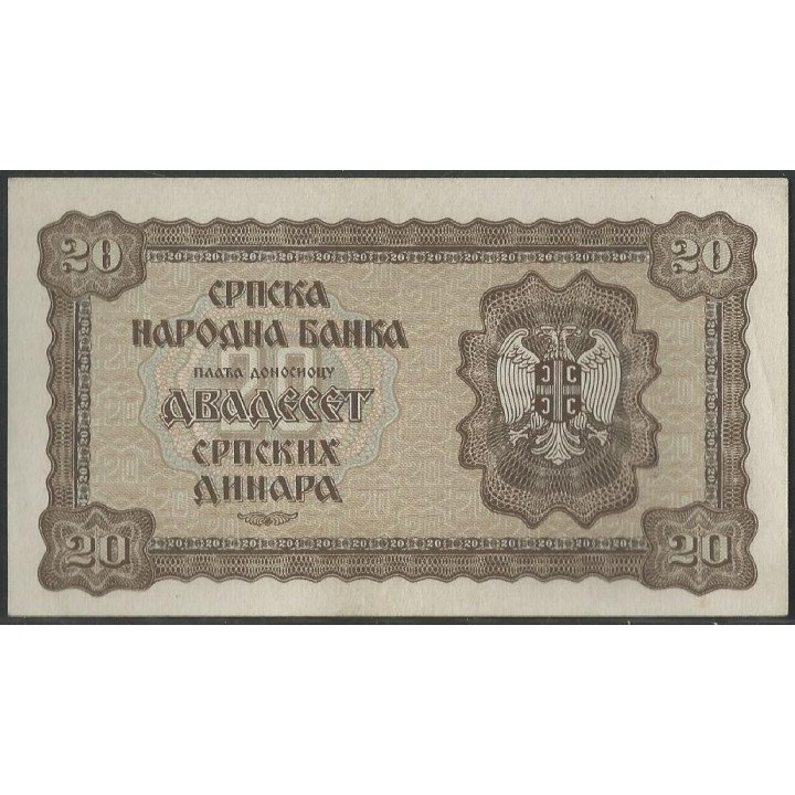 Serbia - Ocup. Alemania WWII 20 Dinara 1 May 1941 P25 reverso