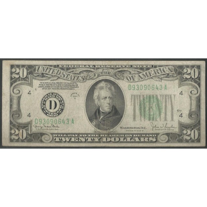 Estados Unidos 20 Dollars 1934D D P431Dd