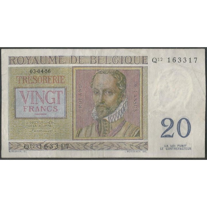 Belgica 20 Francs 3 Abr 1956 P132b