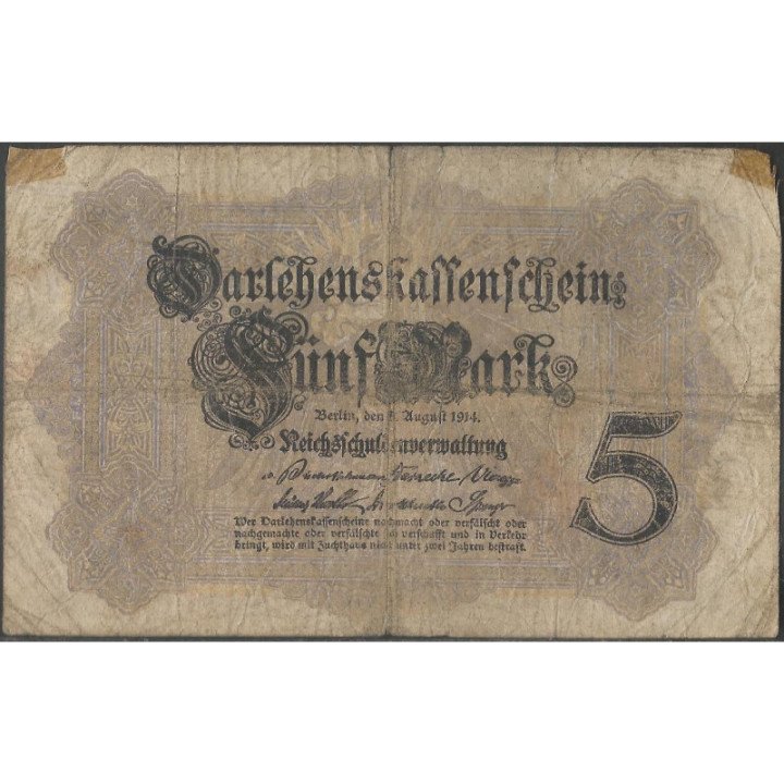 Alemania 5 Mark 5 Ago 1914 7 dig. P47b reverso