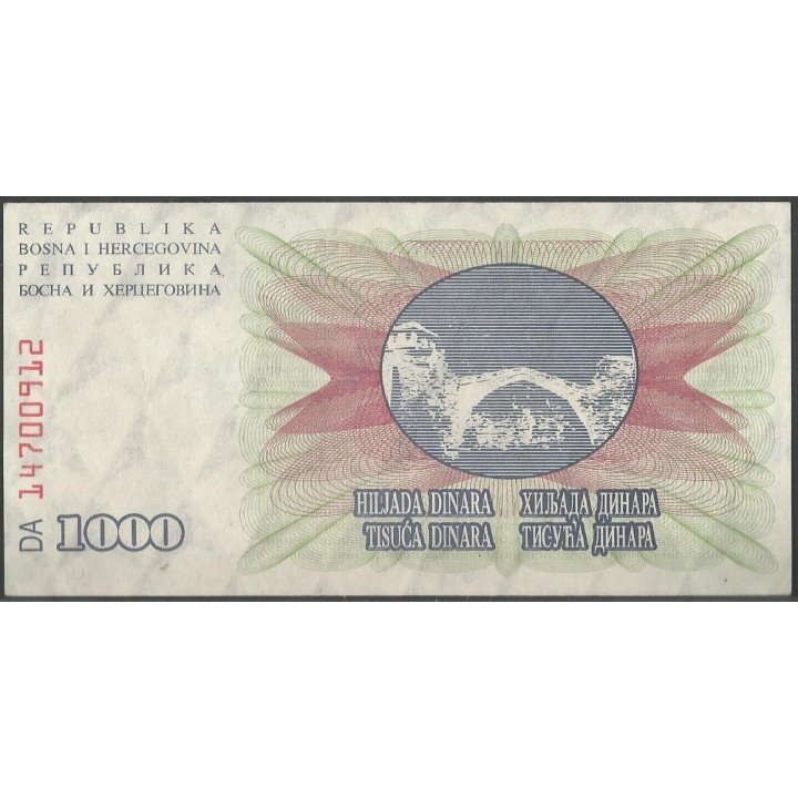 Bosnia & Herzegovina 1.000 Dinara 1 Jul 1992 P15a reverso
