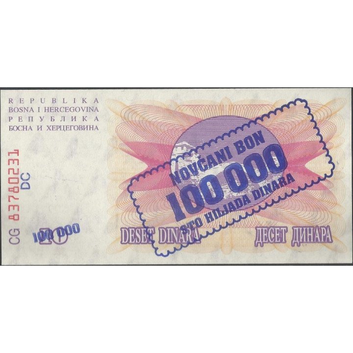 Bosnia & Herzegovina 100.000 Dinara 10 Nov 1993 P34b reverso