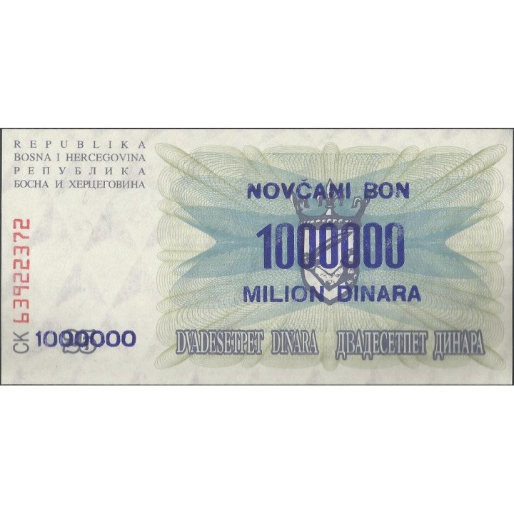 Bosnia & Herzegovina 1.000.000 Dinara 1 Sep 1993 P35a reverso