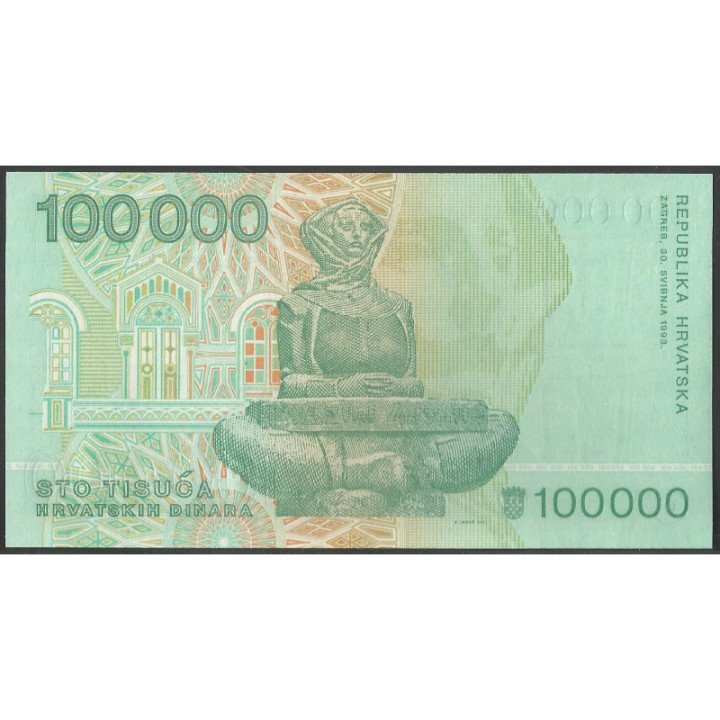 Croacia 100.000 Dinara 30 May 1993 P27a reverso