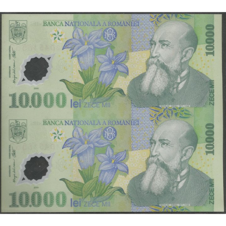 Rumania 10.000 Lei 2000 P112a Pliego de 2 billetes