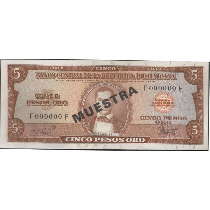 Rep. Dominicana 5 Pesos ND1974 P100s Muestra