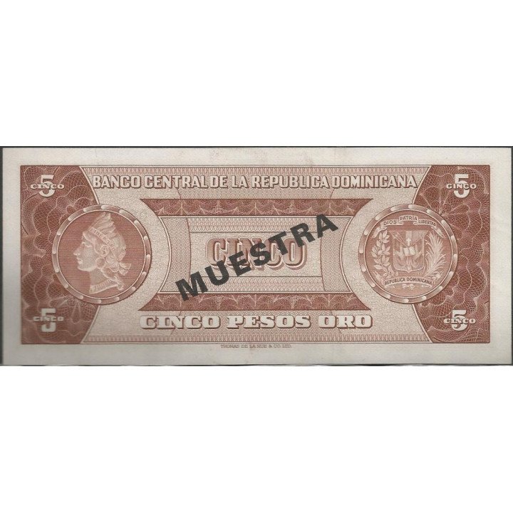 Rep. Dominicana 5 Pesos ND1974 P100s Muestra reverso