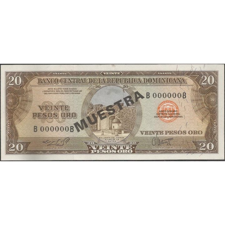 Rep. Dominicana 20 Pesos ND1974 P102s Muestra