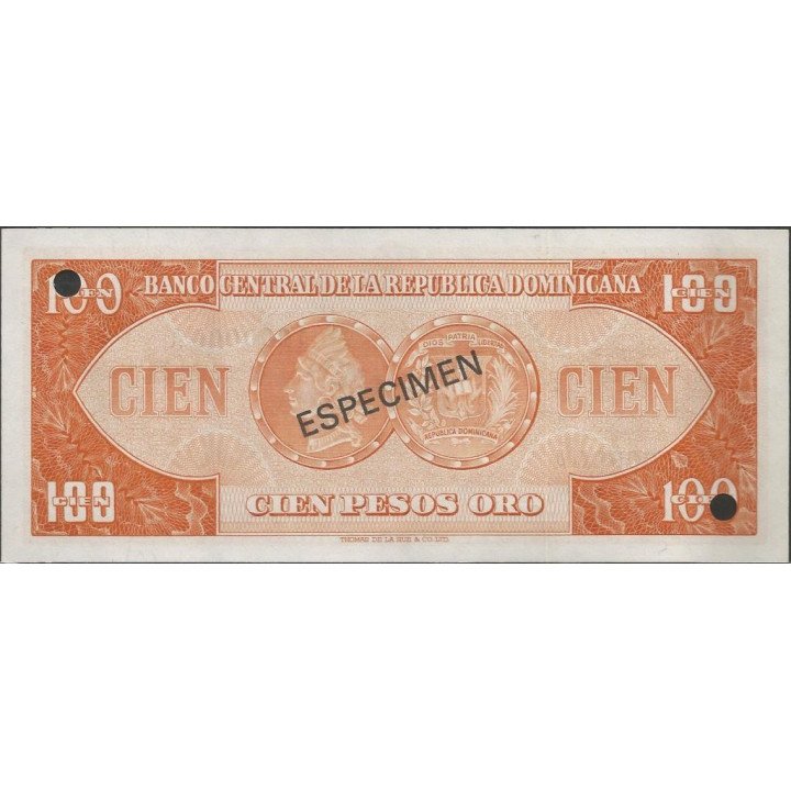 Rep. Dominicana 100 Pesos ND1974 P104s Especimen reverso