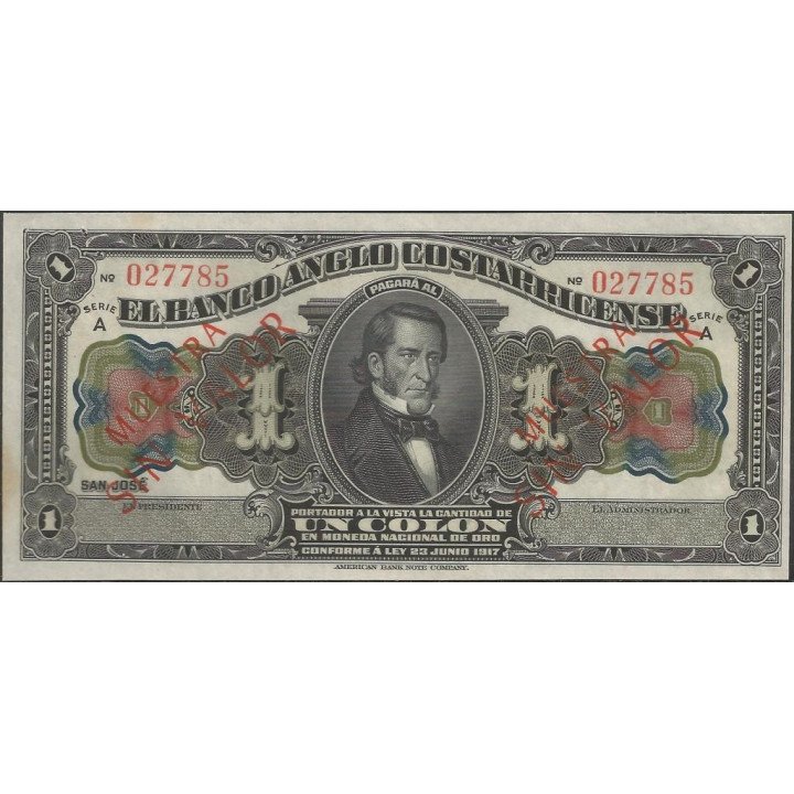 Costa Rica 1 Colon L23 Jun 1917 Ps121s3 Muestra sin Valor