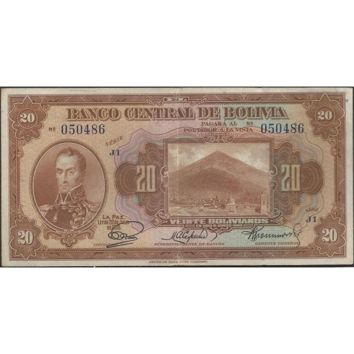 Bolivia 20 Bolivianos L 20 Jul 1928 Serie J1 P122a