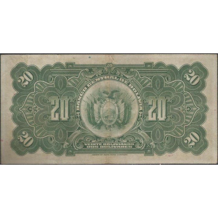 Bolivia 20 Bolivianos L 20 Jul 1928 Serie J1 P122a reverso