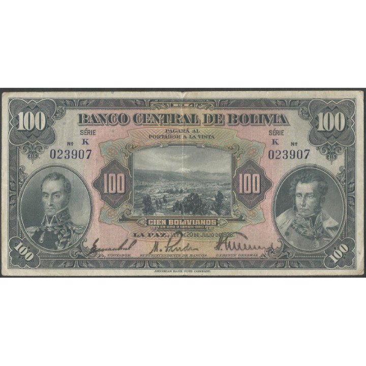 Bolivia 100 Bolivianos L 20 Jul 1928 Serie K P125a