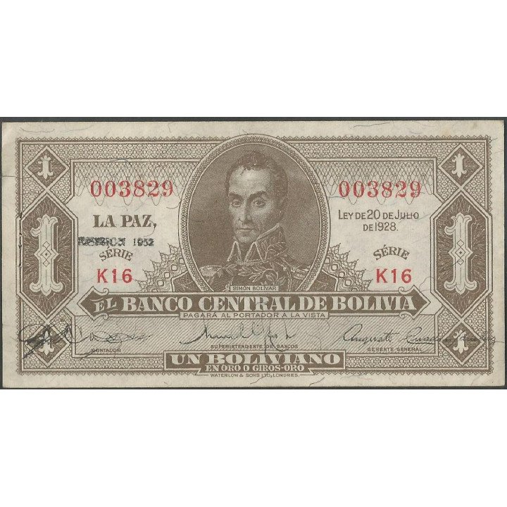 Bolivia 1 Boliviano L 20 Jul 1928 Serie K16 P128c