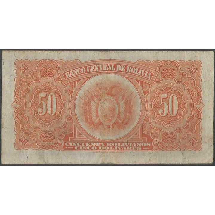 Bolivia 50 Bolivianos L 20 Jul 1928 Serie V2 P132 reverso