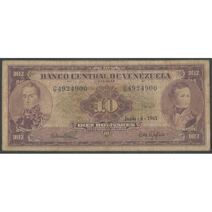 Venezuela 10 Bolivares 6 Jun 1961 G 7 Dig P42a
