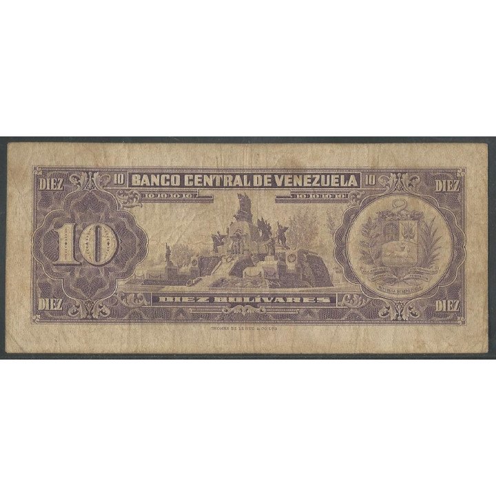 Venezuela 10 Bolivares 6 Jun 1961 G 7 Dig P42a reverso