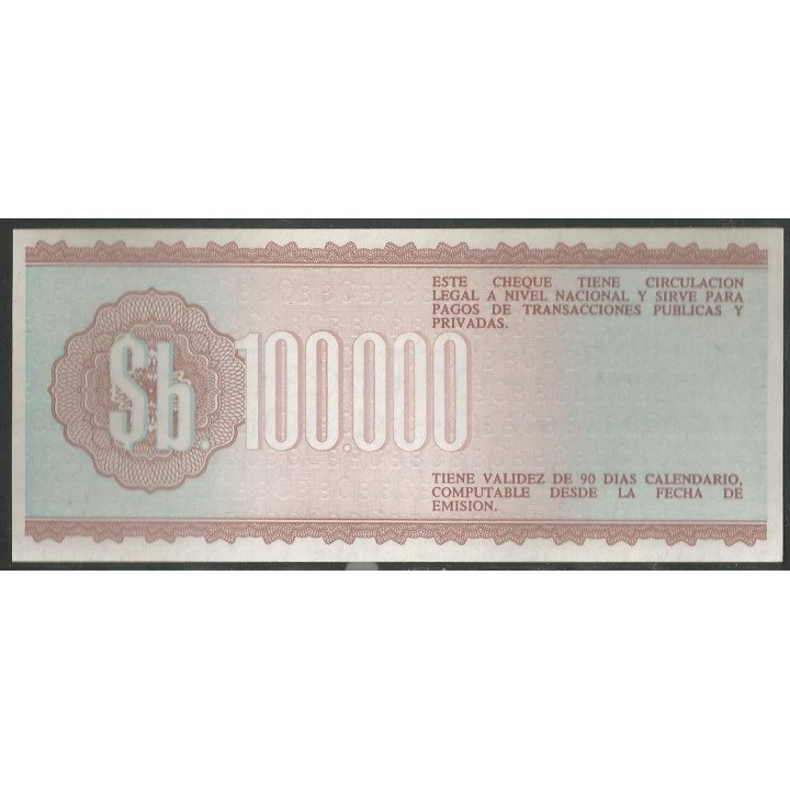 Bolivia 100.000 Pesos Bolivianos 21 Dic 1984 Serie A P188 reverso